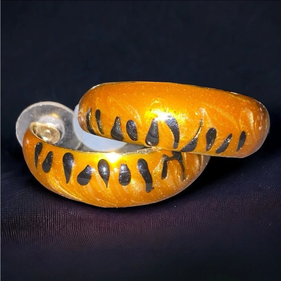 Vintage Enamel Gold Black Enamel Hoop Earrings - Picture 1 of 4